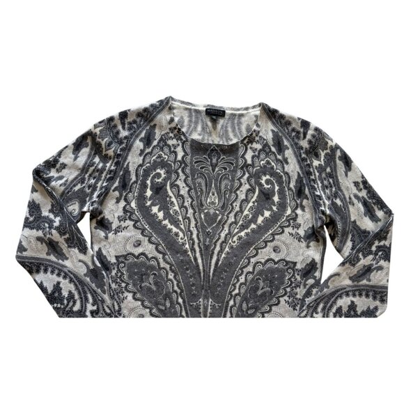 Madison Cashmere Grey Black Paisley Sweater M 100% Cashmere Boho Lightweight - Picture 2 of 5